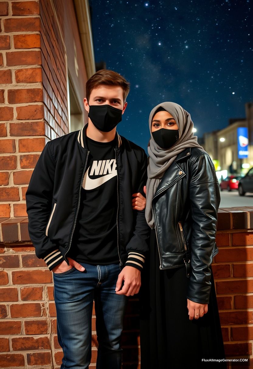 Jamie Dornan, youngest, black face mask, collage jacket, Nike t-shirt, jeans, tall man, fit body,

Dating, love with the biggest gray hijab Muslim girl, beautiful eyes, black face mask, leather jacket, biggest longest skirt, slim, short girl, love holding his arm,

Standing at a brick wall, spoiler, in town, night scenery, milky way, hyper-realistic, photorealistic, selfie.