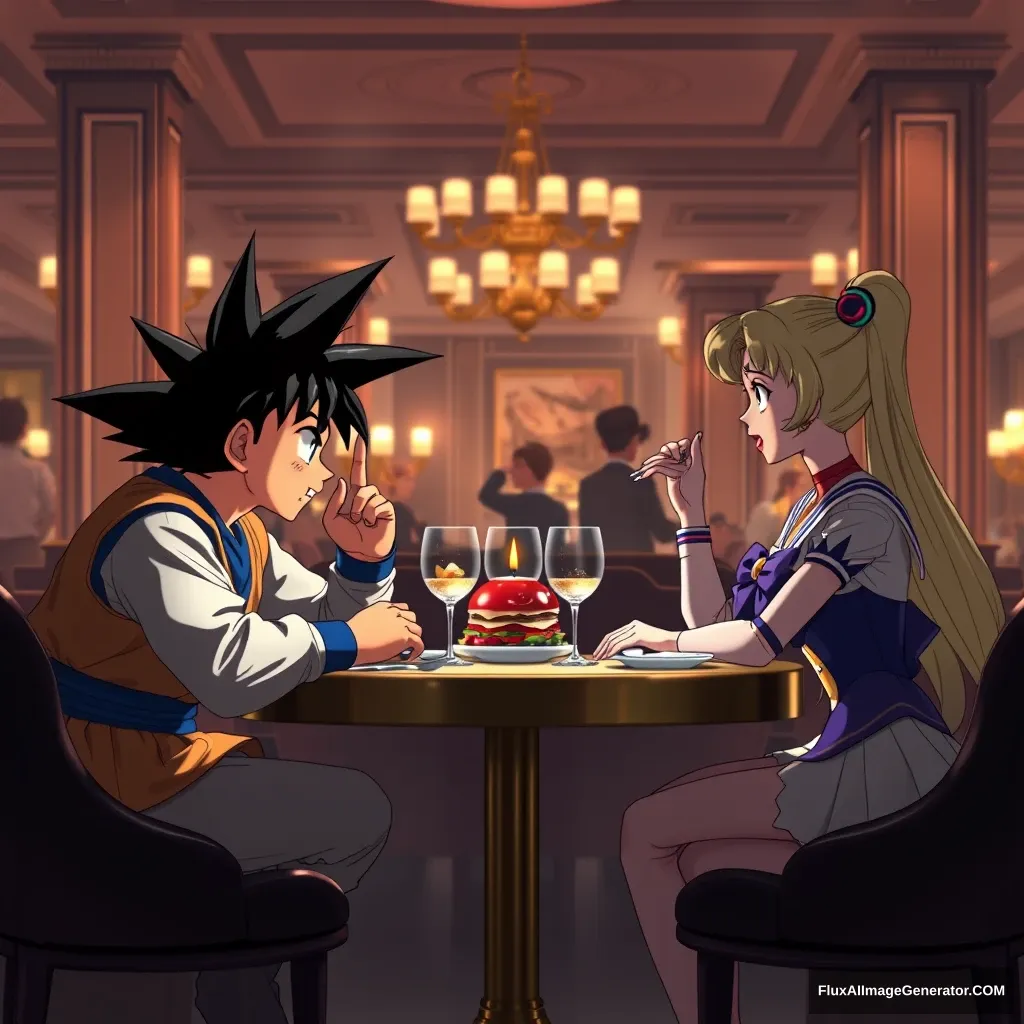 Goku, Agoku, and Sailor Moon having dinner together in a fancy restaurant, hyper-realistic photo, Pixar style. - Image