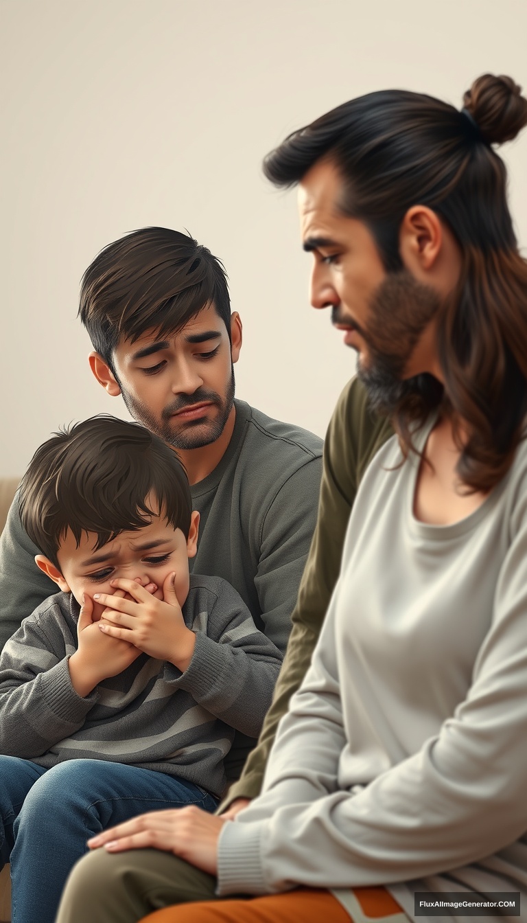 Father is scolding the child, the child is crying, the mother is sitting aside, feeling depressed, depicting a tense family atmosphere. Full body shot, extra realistic, no comic.