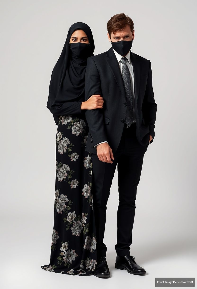 A tall girl in a big black hijab, slim with beautiful eyes, wearing a black face mask and the longest floral dress, is standing and holding his arm.

Jamie Dornan, the youngest, is wearing a black suit coat, white shirt, and a grey patterned tie, along with black leather sneakers. He is a tall man with a fit, tough body and a black face mask, standing near her.

Hyper-realistic, studio photography. - Image