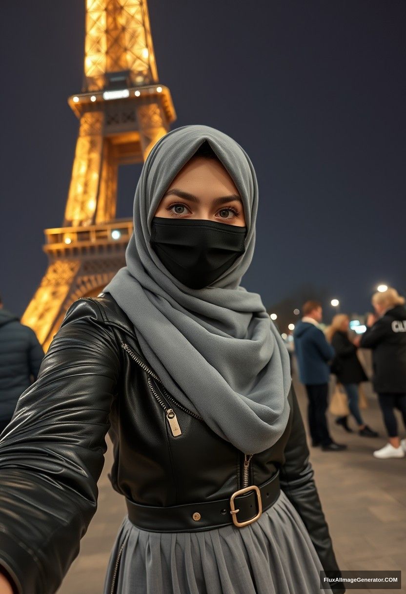 Biggest grey hijab Muslim girl, beautiful eyes, black face mask, leather jacket, biggest longest skirt, standing near the Eiffel Tower, night scenery, strangers in the background, hyper-realistic, photorealistic, selfie, full photography. - Image