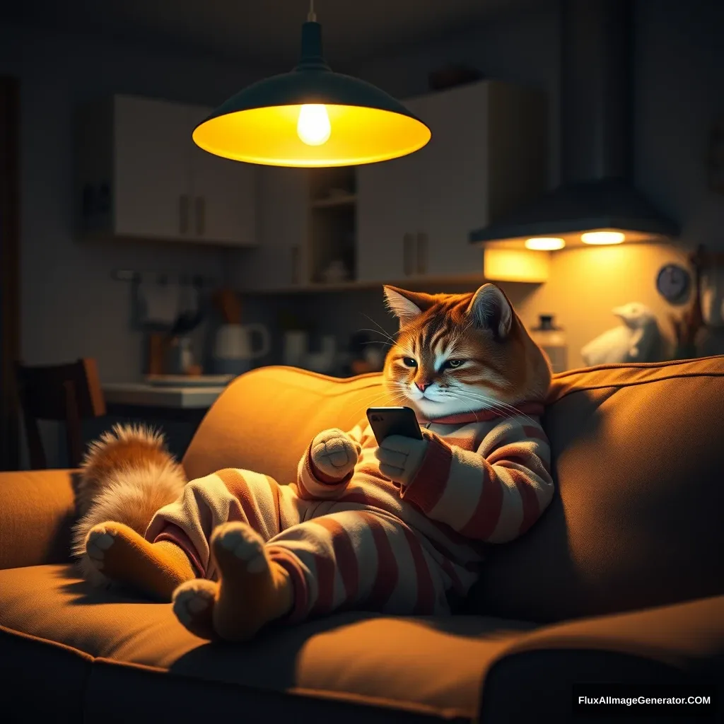 A delightful realistic photo showing a charming anthropomorphic cat dressed in cozy pajamas and lounging on a soft sofa in a dimly lit room. A cat with a fluffy tail and expressive eyes stares intently at his smartphone, immersed in digital content. The warm golden light of the pendant lamp creates a soft glow, creating a cozy and relaxing atmosphere. In the background, there is a simple kitchen area with cabinets, countertops, and various kitchen utensils, which creates an atmosphere of comfort and well-being in the house. This charming scene evokes a feeling of serenity and warmth and is ideal for a calm evening or night setting.