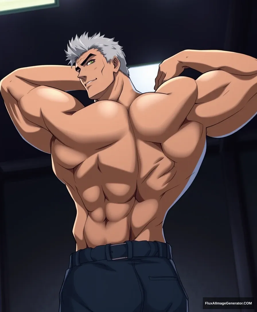 Handsome muscular male bodybuilder, anime style, older, gray-haired, arms behind back, dark room, overhead lighting.