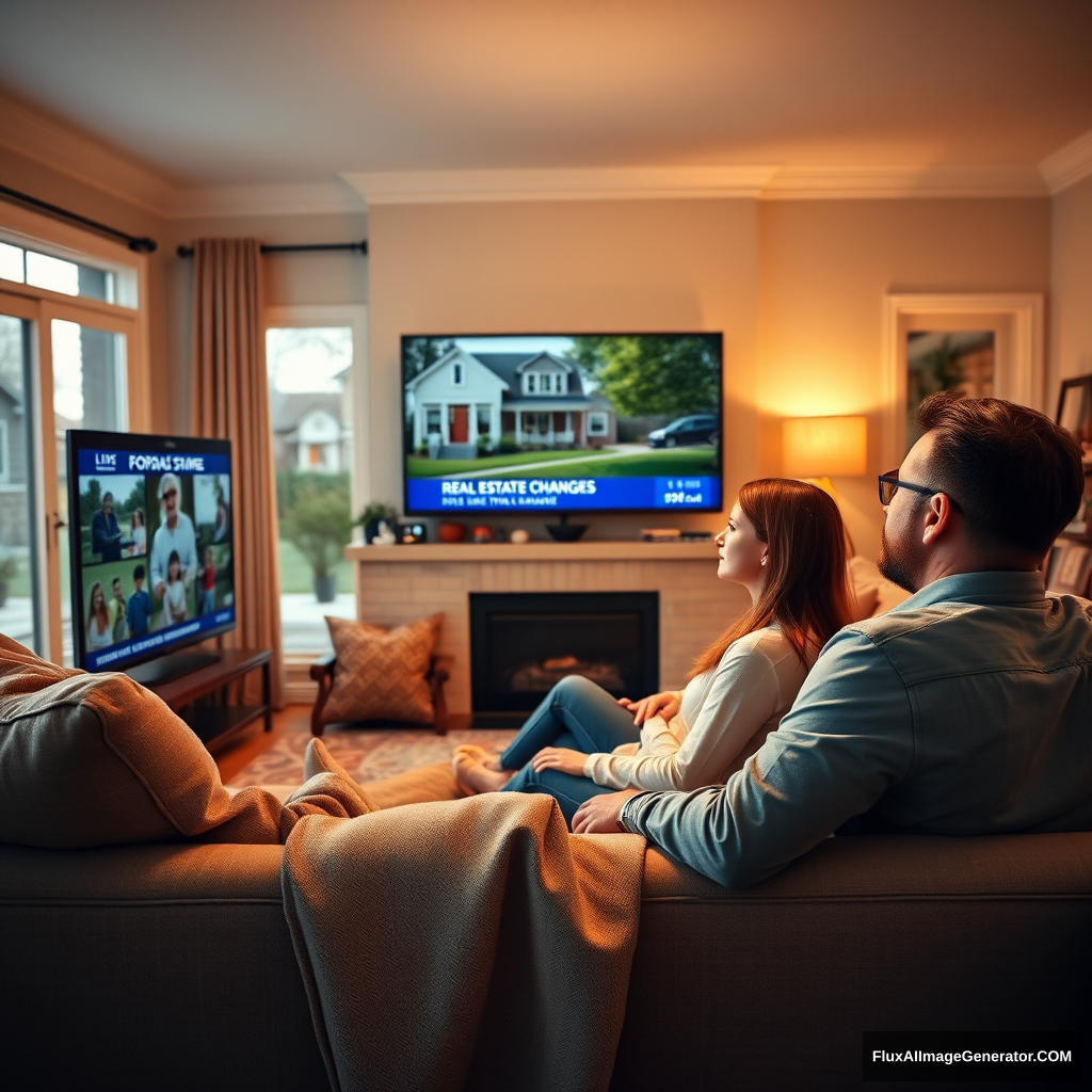 Create an immersive, hyper-realistic image of a family sitting together on a cozy couch in a well-decorated living room, watching a news broadcast about real estate changes on a large flat-screen TV. The family members should be dressed in casual home attire, their focused expressions showing their intent to stay updated. The background should feature a warm, inviting living room with family photos and a view of a quiet neighborhood through the windows, illustrating the impact of being well-informed on their future home purchase. - Image