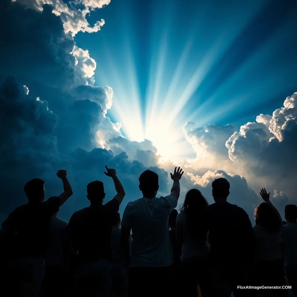 /imagine prompt: A stunning scene with a dramatic sky where beams of light burst through dense clouds, illuminating the silhouettes of people reaching towards the sky. The clouds are dynamic and voluminous, with vibrant blue sky peeking through. The light rays are sharp and radiant, creating a celestial atmosphere. The people below are seen from behind, their backs turned towards the sky, wearing casual clothing like t-shirts and jeans, some with backpacks, while others have their arms raised in awe. Their shadows add contrast and emphasize the light from above. Photorealistic details, high dynamic range, atmospheric perspective, vivid color contrasts, and dynamic lighting effects, hd quality, natural look --ar 16:9 --v 6.0