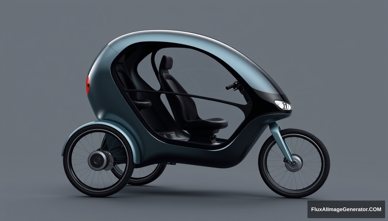 3 wheeled, enclosed, concept car, 2 wheels in front, only 1 wheel in back, 4k, wide bicycle wheels, very low, sleek, detailed. - Image