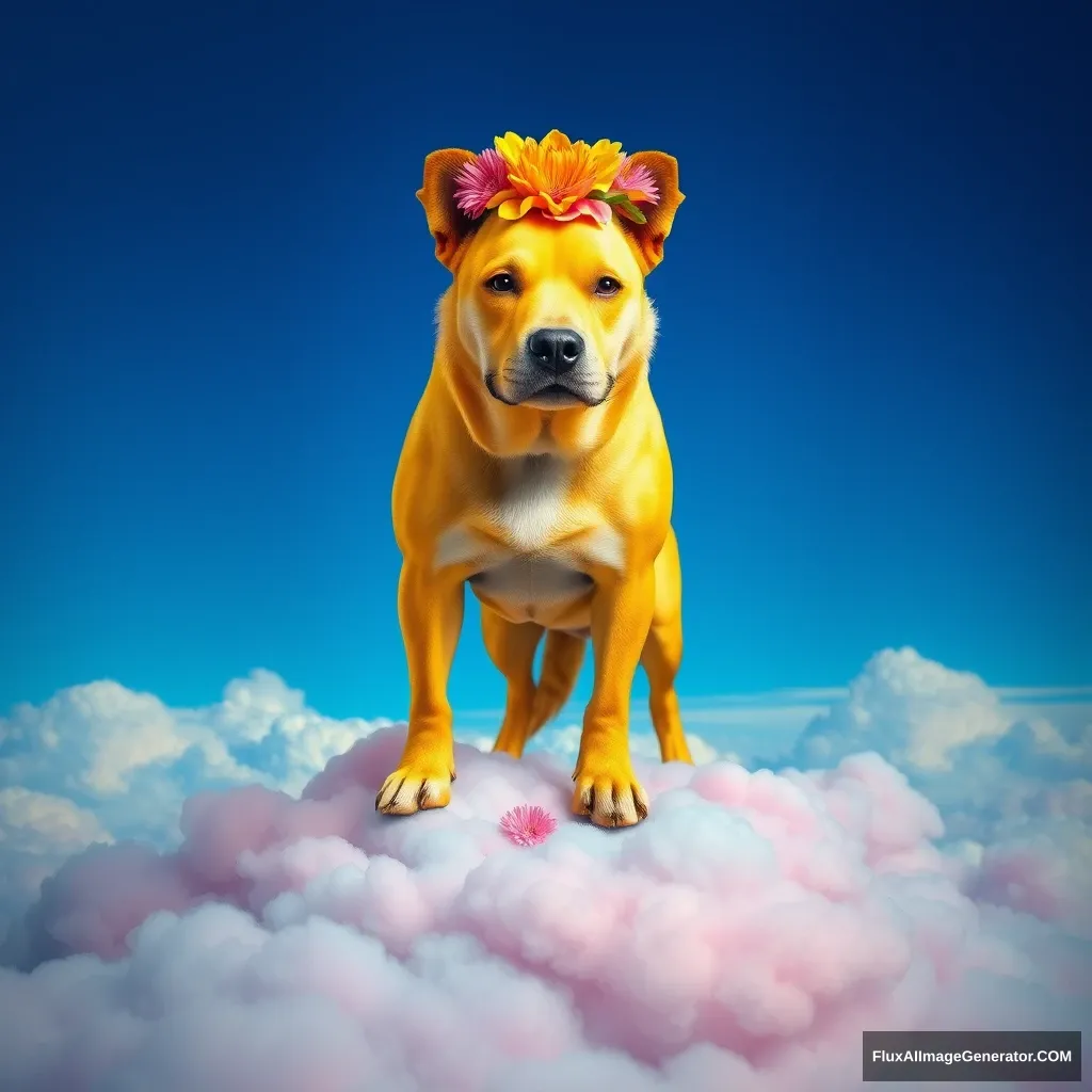 A yellow dog with muscles stands on a colorful cloud, and its head was a desert with a flower ring. - Image