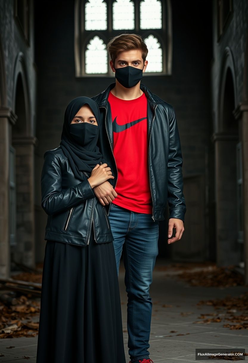 A biggest black hijab girl, beautiful eyes, face mask black, black leather jacket, biggest red longest dress, not tall, standing holding his arm,

Jamie Dornan, handsome, youngest, face mask black, fit and tough body, Nike red t-shirt, black leather jacket, jeans, red sneakers, tall man,

Hyper-realistic, photorealistic, studio photography, Victoria's abandoned castle, gloomy. - Image