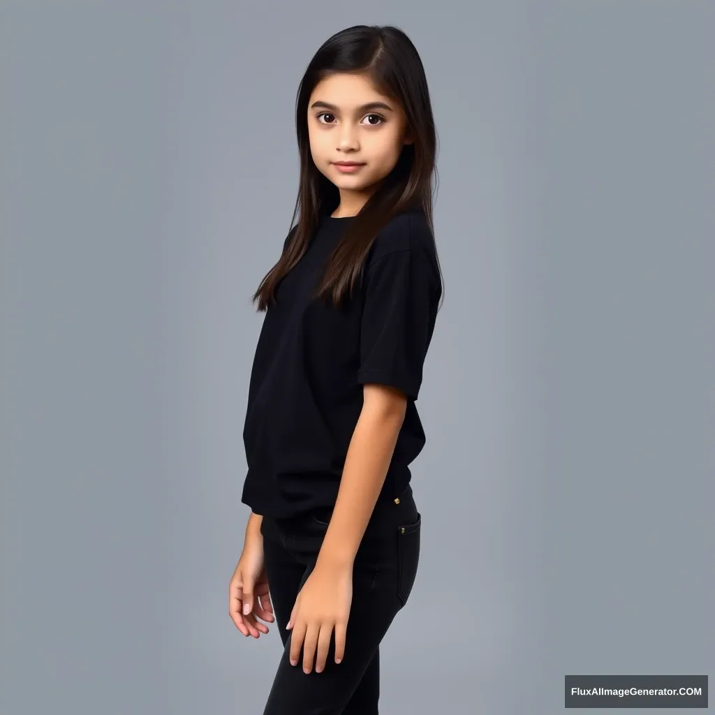 Beautiful teenage girl with dark hair and dark eyes, wearing a simple black t-shirt, black jeans, and black styled sneakers, professional photo.