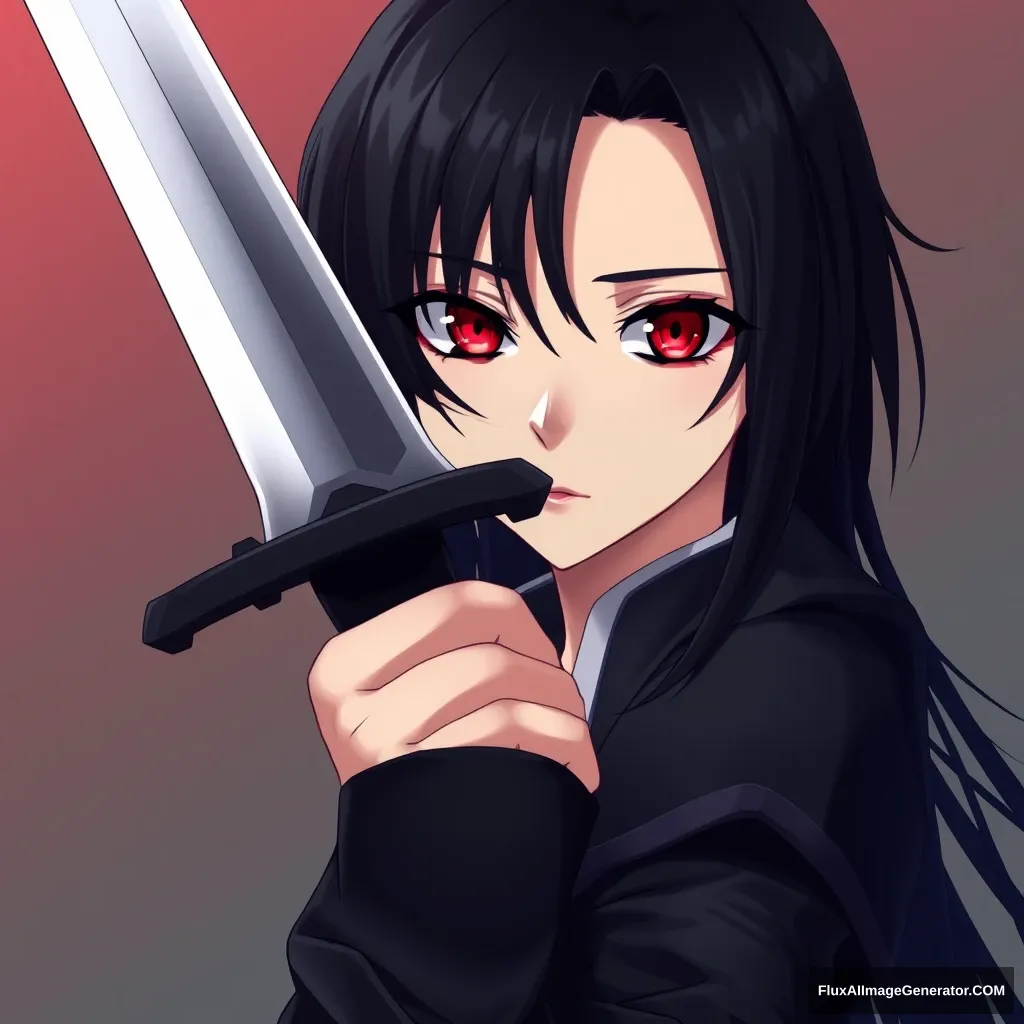 VERY BEAUTIFUL ANIME GIRL WITH PERFECT EYES. Anime style is important. Seinen style anime. Should look like an assassin with a gradient background. Holding one sharp sword. Black hair, red eyes. And should be a full body drawing.