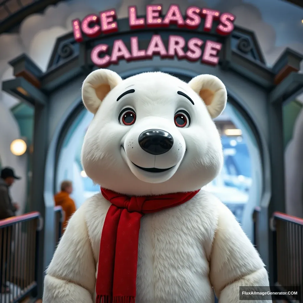 A portrait of a realistic cartoon polar bear costume at an ice rollercoaster park entrance. - Image