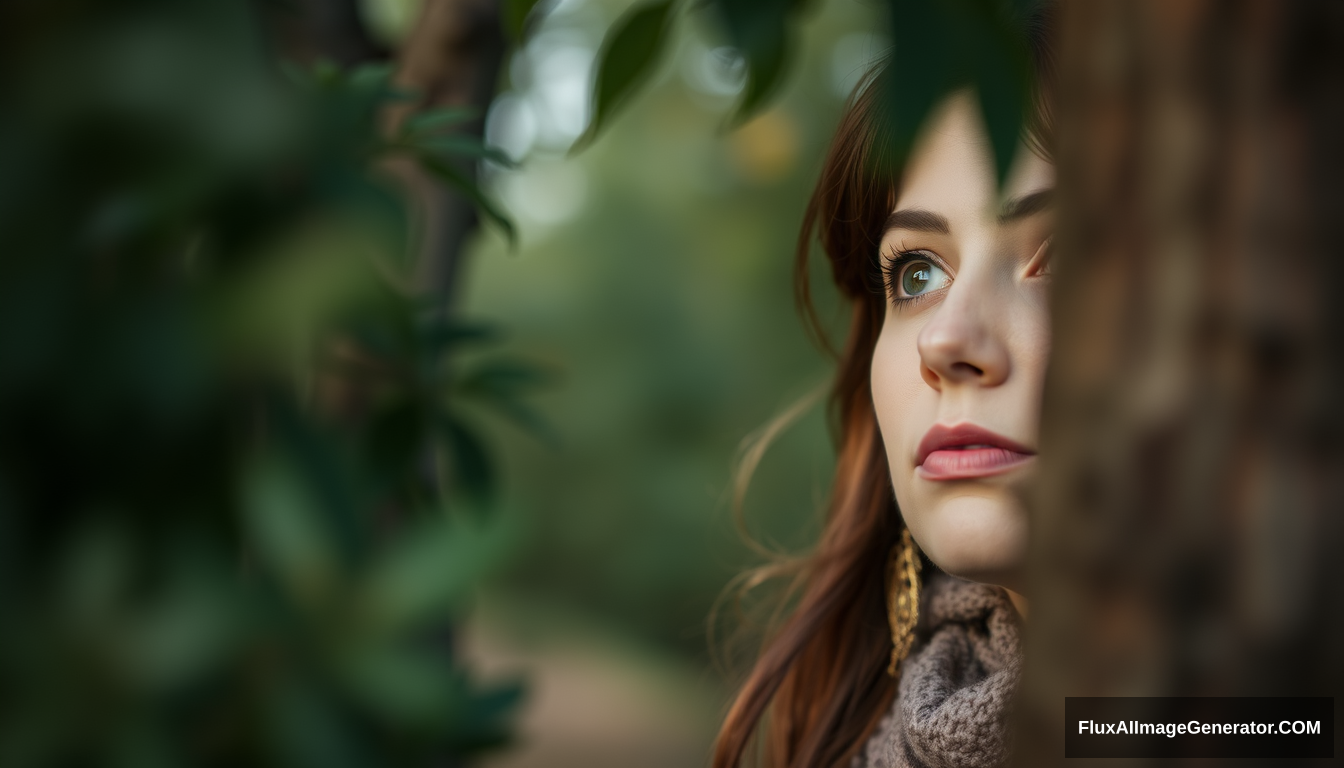 A woman is looking at the tree, looking at the camera. - Image