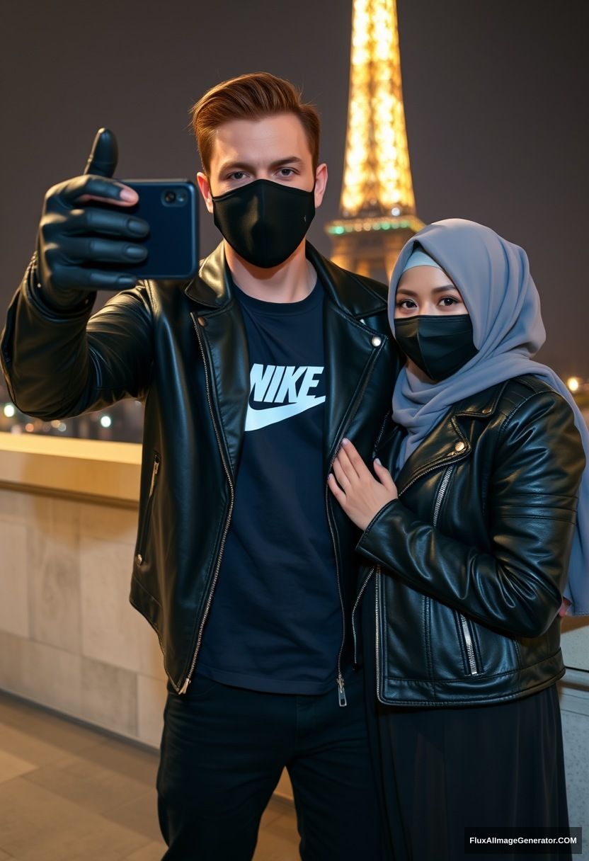 Jamie Dornan, black face mask, black leather jacket, Nike t-shirt, dating, love with the biggest grey hijab Muslim girl, beautiful eyes, black face mask, leather jacket, biggest longest skirt, cute, standing near the Eiffel Tower, night scenery, hyper realistic, photorealistic, selfie photos.