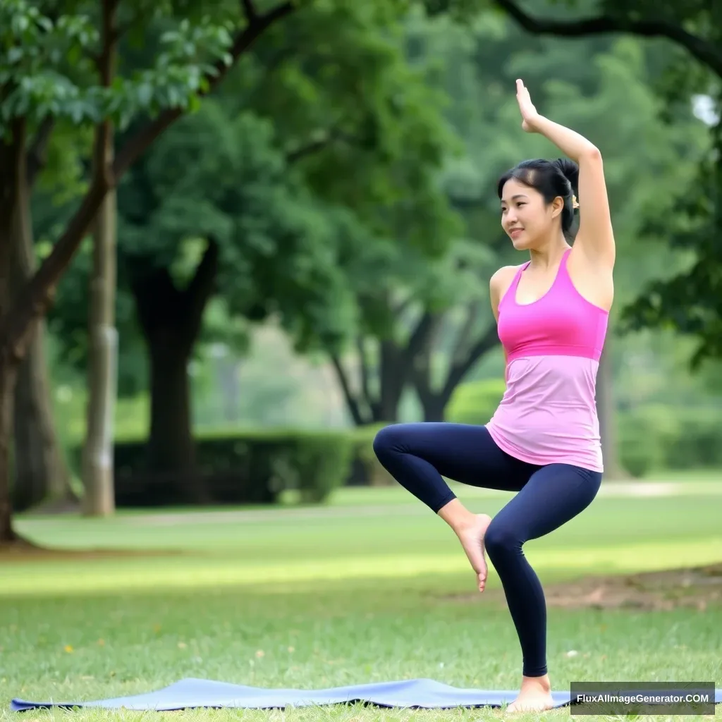 A woman doing yoga in the park, Asian, young mother, yoga sportswear, - Image