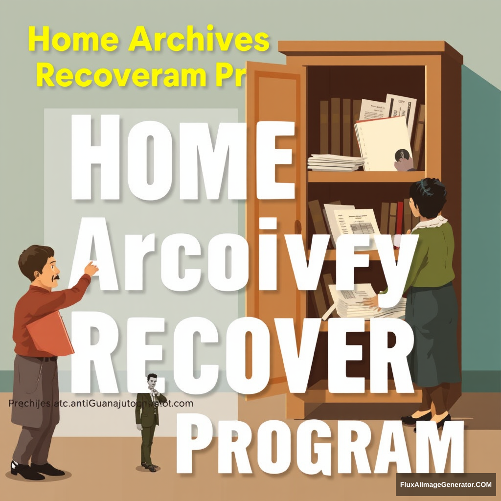 Make a promotional poster for a program called: Home Archives Recovery Program. The poster should depict historical figures from Guanajuato and other citizens depositing documents in an archive cabinet. - Image