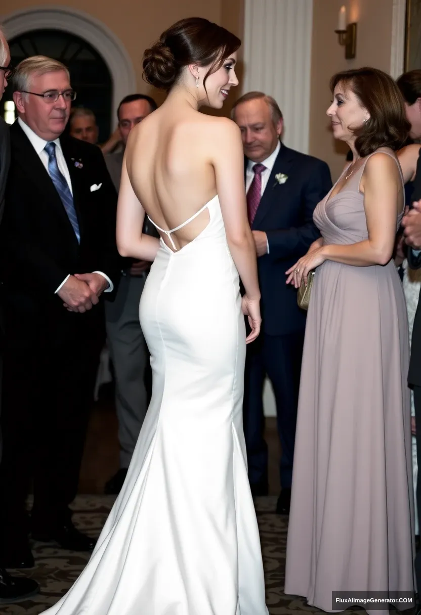 A petite young woman, sensitive, delicate, affectionate, compassionate, wearing a backless, strapless, side-less, low-waisted, thigh-cut, contouring wedding dress. Fawning obediently while mingling with fathers. Expectations. Perfect posture. Pale skin. - Image