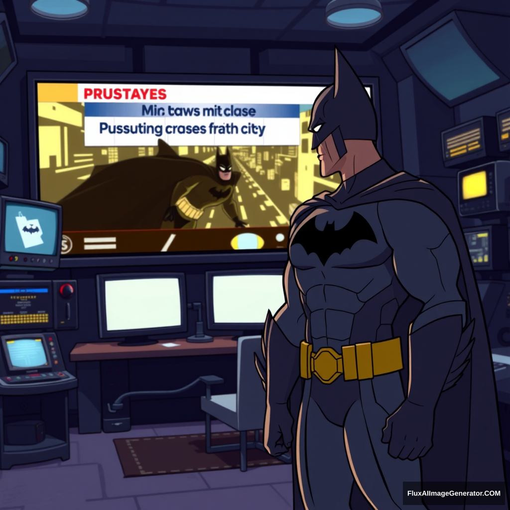 Bruce Wayne, dressed in his signature dark suit, stands in front of a massive computer screen inside the dimly lit Batcave. The screen displays a news broadcast showing mid-chase, pursuing criminals through the city. The Batcave is filled with high-tech gadgets, glowing monitors, and the iconic Batmobile in the background. The scene is depicted in a cartoon animated style, with exaggerated features, vibrant colors, and dynamic lighting that highlights the intensity of the moment. - Image