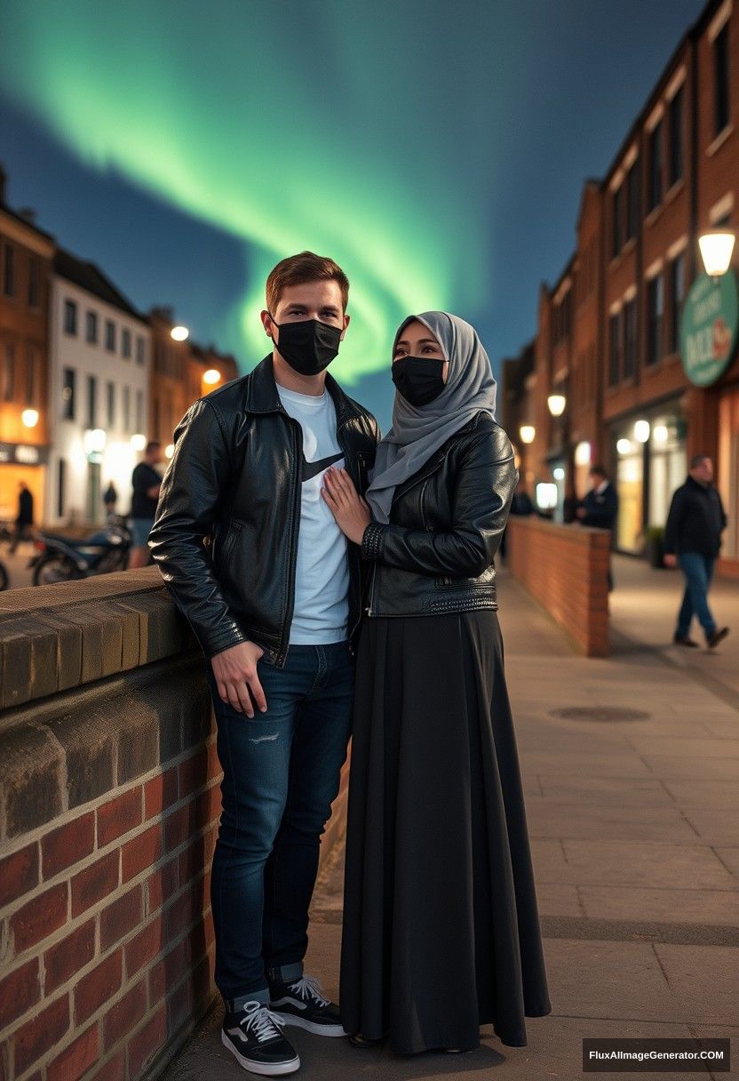 Jamie Dornan, tall, young, black face mask, white Nike t-shirt, jeans, 

dating romantically with a grey hijab Muslim girl, beautiful eyes, black face mask, leather jacket, very long and big skirt, not a tall girl, 

standing together at a brick wall in town, photorealistic, street photography, selfie photos, night scenery, aurora borealis. - Image