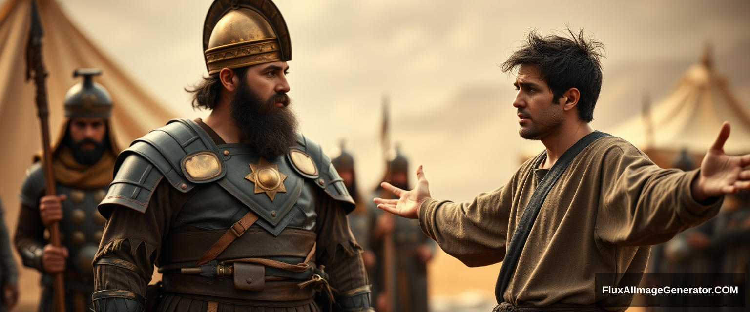 Create an image of two men arguing and standing apart. The man on the right is a young man with his arms stretched out to the sides. He looks shocked, has dark messy unkempt hair and a beard, and is dressed in a simple biblical-era shepherd tunic while looking sternly at the middle-aged man on the left. The middle-aged man has a Jewish black beard and is wearing a suit of rugged biblical-era leather armor with a conical brass helmet that ends with a pointed tip. Next to the middle-aged man is a group of soldiers. The overall mood of the image is one of anxiety and concern. The background shows a blurred ancient biblical Jewish army camp with desert Arabic tents. The overall mood is intense and cinematic.