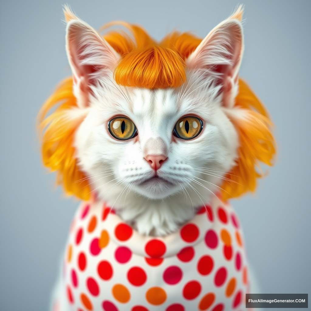 A white cat with an orange wig, wearing a colorful polka dot pattern in the style of Yayoi Kusama, surreal portrait photography, light amber hair, white fur, cute pet illustrations, shiny eyes, full body portrait, symmetrical composition, bright color blocks, pop art style, high resolution, front view, ultra detailed, colorful, vivid colors, hyper-realistic. - Image