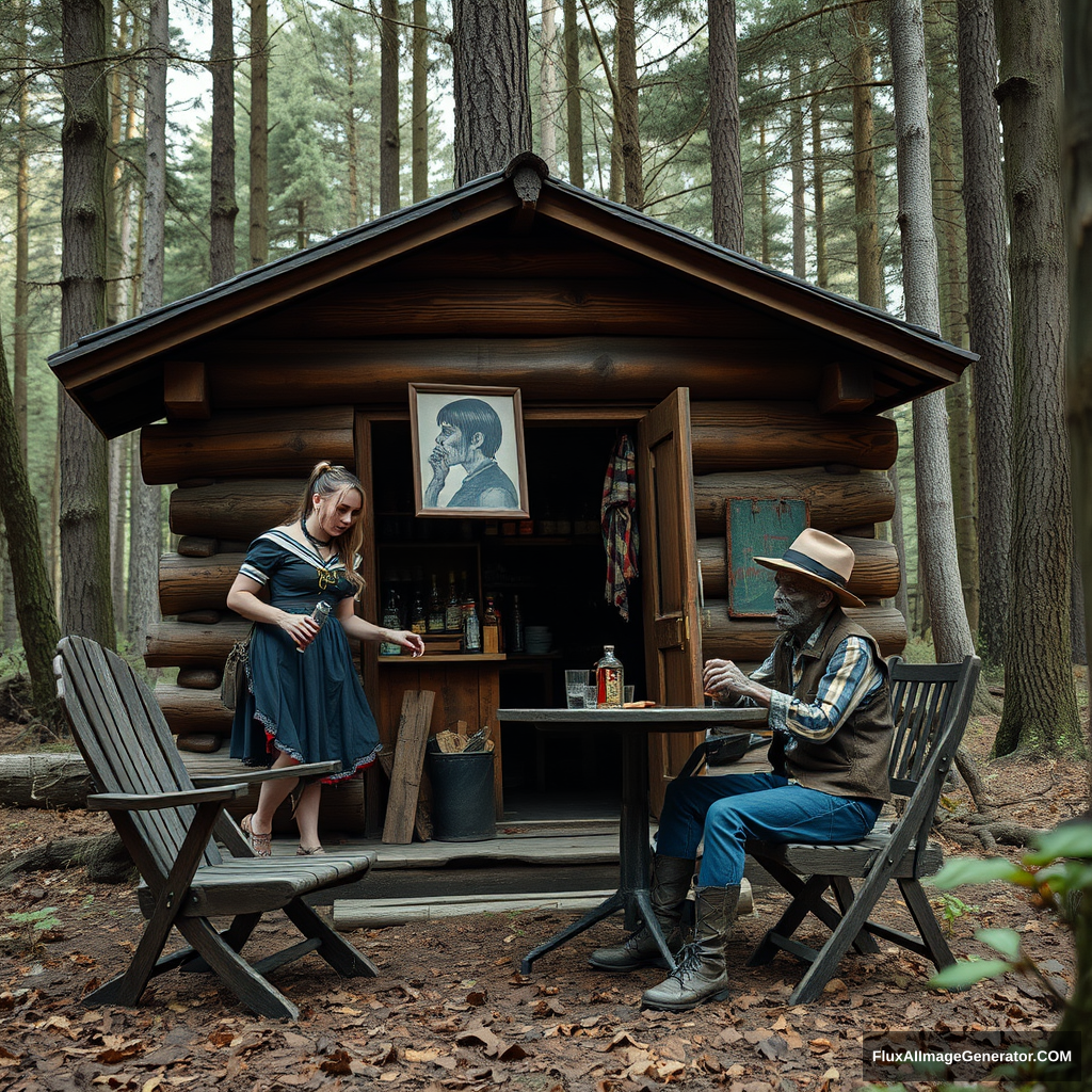 Real-life photography, long shot: In the forest, there is a wooden cabin where a female barbarian resembling Sailor Moon is selling alcohol, and a dressed zombie comes to buy some. Next to the cabin, there are a table and two chairs, with a zombie wearing a hat sitting and drinking.