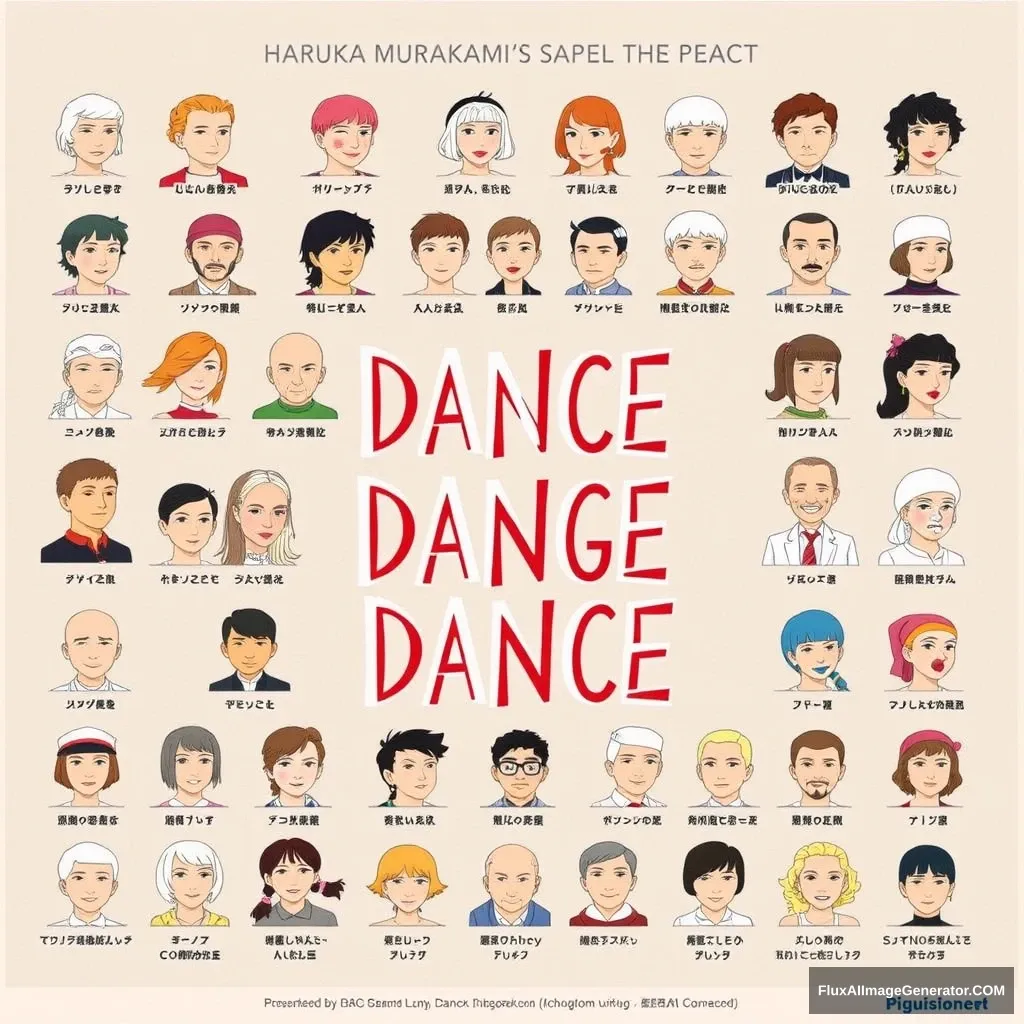 A poster with all the characters that appear in Haruki Murakami's Dance Dance Dance.