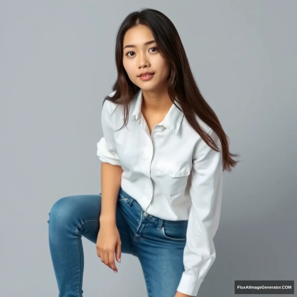 A photo of a pretty young Vietnamese woman, in a white buttoned shirt and blue jeans, full body portrait, leaning forward.