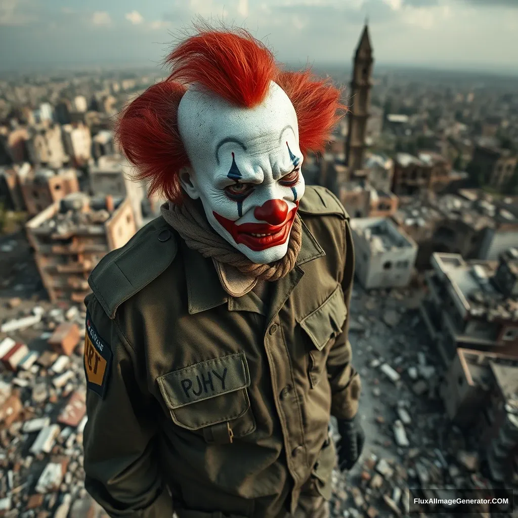 A crying clown in an IDF uniform standing in the middle of a city in ruins. Bird's-eye perspective from some distance. Hyperreal.