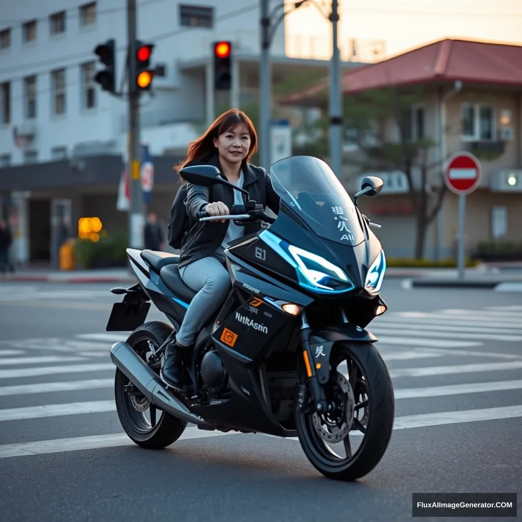 At the crossroads, a woman is riding an intelligent motorcycle that appears to have AI capabilities, with Chinese characters or Japanese. - Image