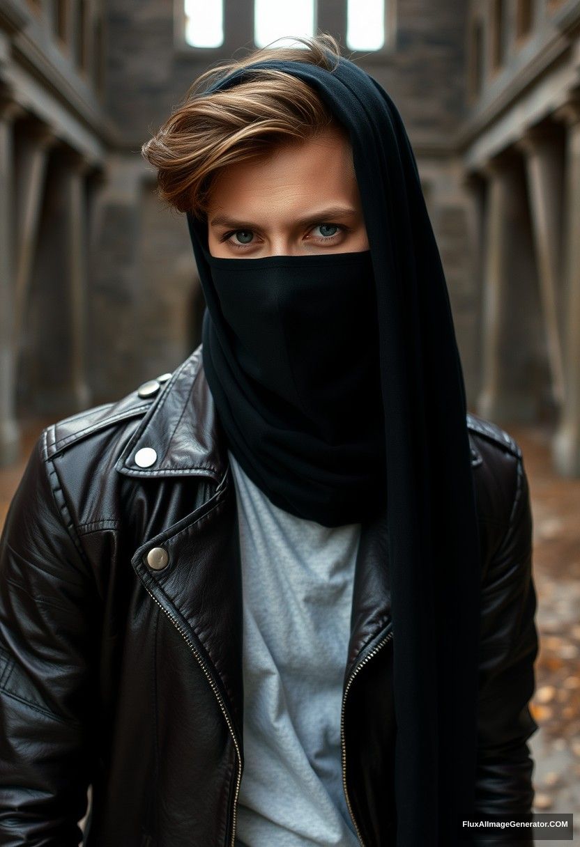 Jamie Dornan's head and body shot, handsome, face mask black, black leather jacket, dating, love with the biggest black hijab Muslim girl, not tall, beautiful eyes, face mask, maroon leather jacket, biggest black skirt, hyper realistic, studio photography, full body photo, explore at an abandoned castle.