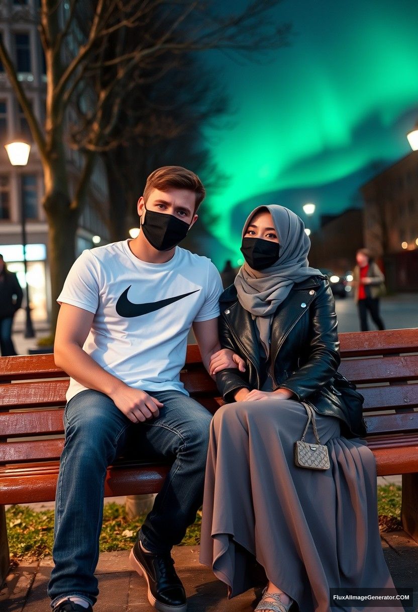 Jamie Dornan, tall, young, wearing a black face mask, a white Nike t-shirt, and jeans, 

dating a romantic Muslim girl in a grey hijab, with beautiful eyes, also wearing a black face mask, a leather jacket, and a very long and wide skirt, who is not tall, 

sitting romantically together on a park bench in town, with strangers in the background, photorealistic street photography, selfie photos, night scenery, aurora borealis. - Image