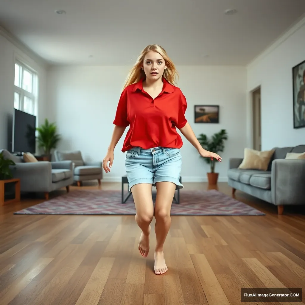 Front view of a skinny blonde woman in her early twenties, standing in her large living room. She is wearing an oversized red polo shirt that is uneven on one shoulder and untucked at the bottom. She has on light blue denim shorts and isn’t wearing shoes or socks. Facing the camera with a scared expression, she runs towards it with her arms straight down. - Image