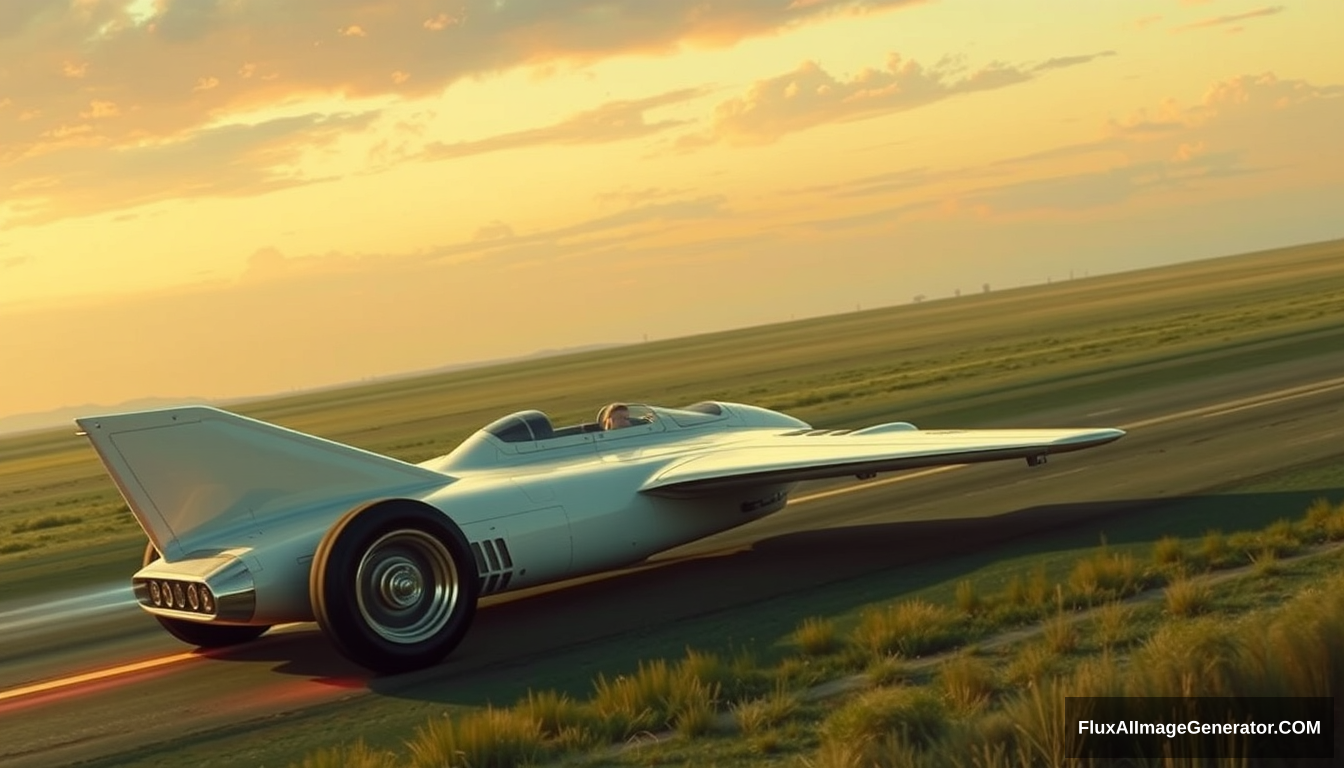 a 1960s futuristic wingless jet plane, based on a 1967 formula racecar, as painted by Syd Mead, country setting, 4k. - Image