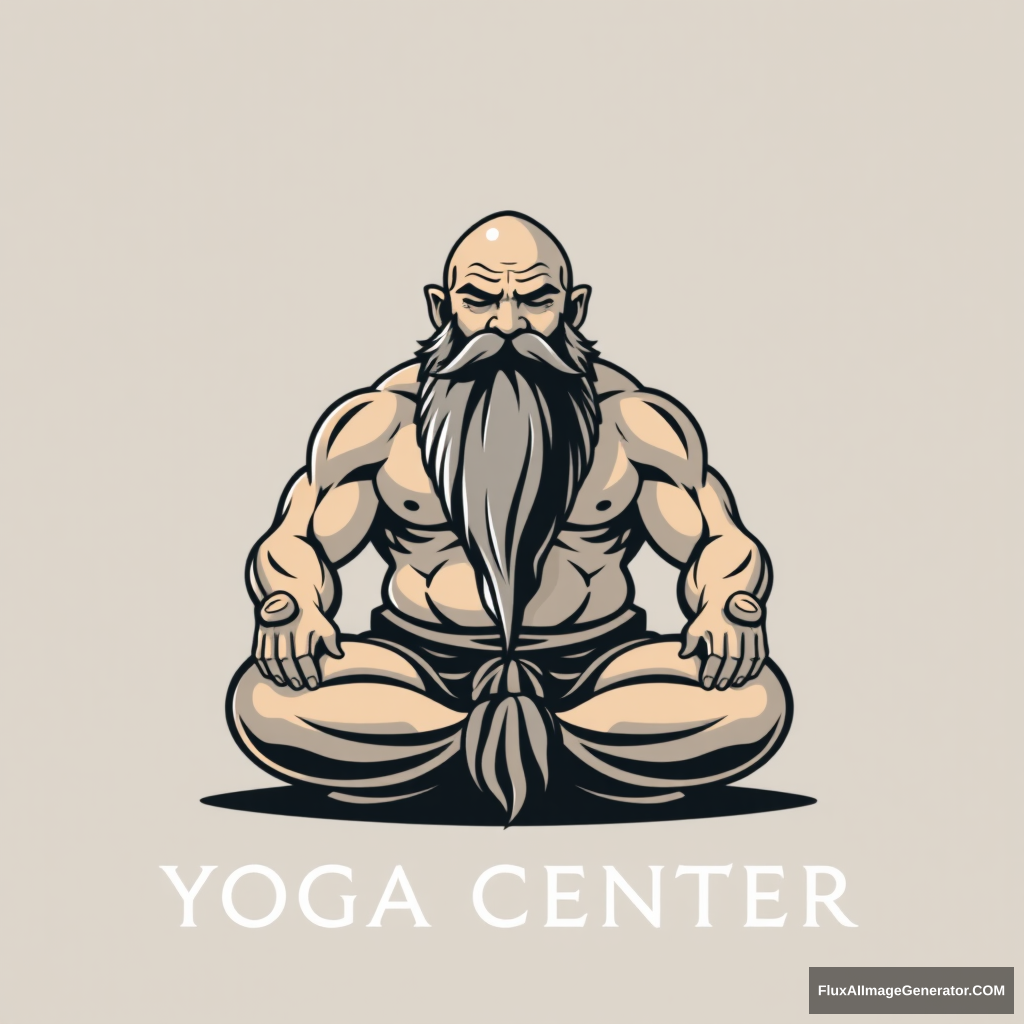 Yoga Center logo: a muscular large bald dwarf in the lotus position with a long beard.