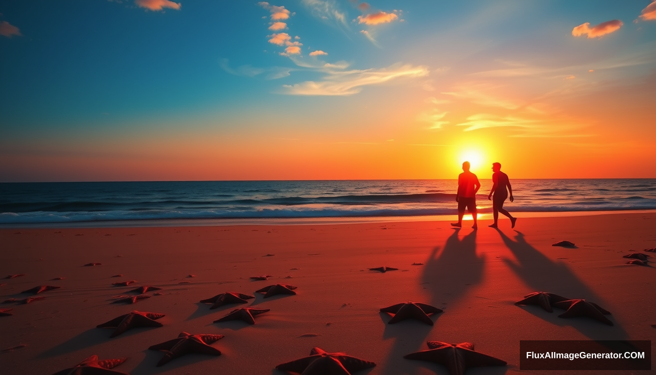 A vibrant sunset scene on a sandy beach with starfish scattered on the sand. Two silhouettes walking along the shore, their shadows stretching long in the golden light. The title "CAU BE NEM SAO BIEN" in a prominent position.