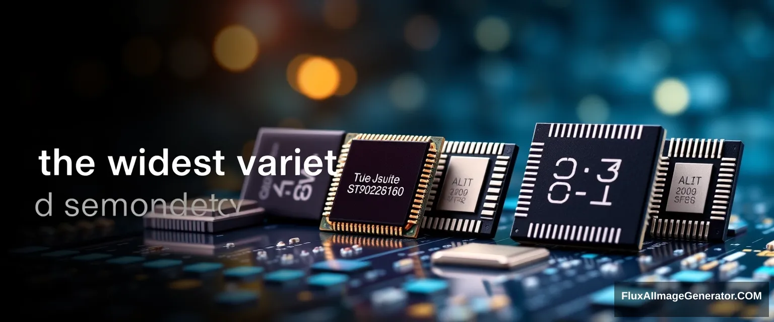 "Marketing image about semiconductors and their different packages which should have a title: 'the widest variety of semiconductors,' add the title centered on the left side."