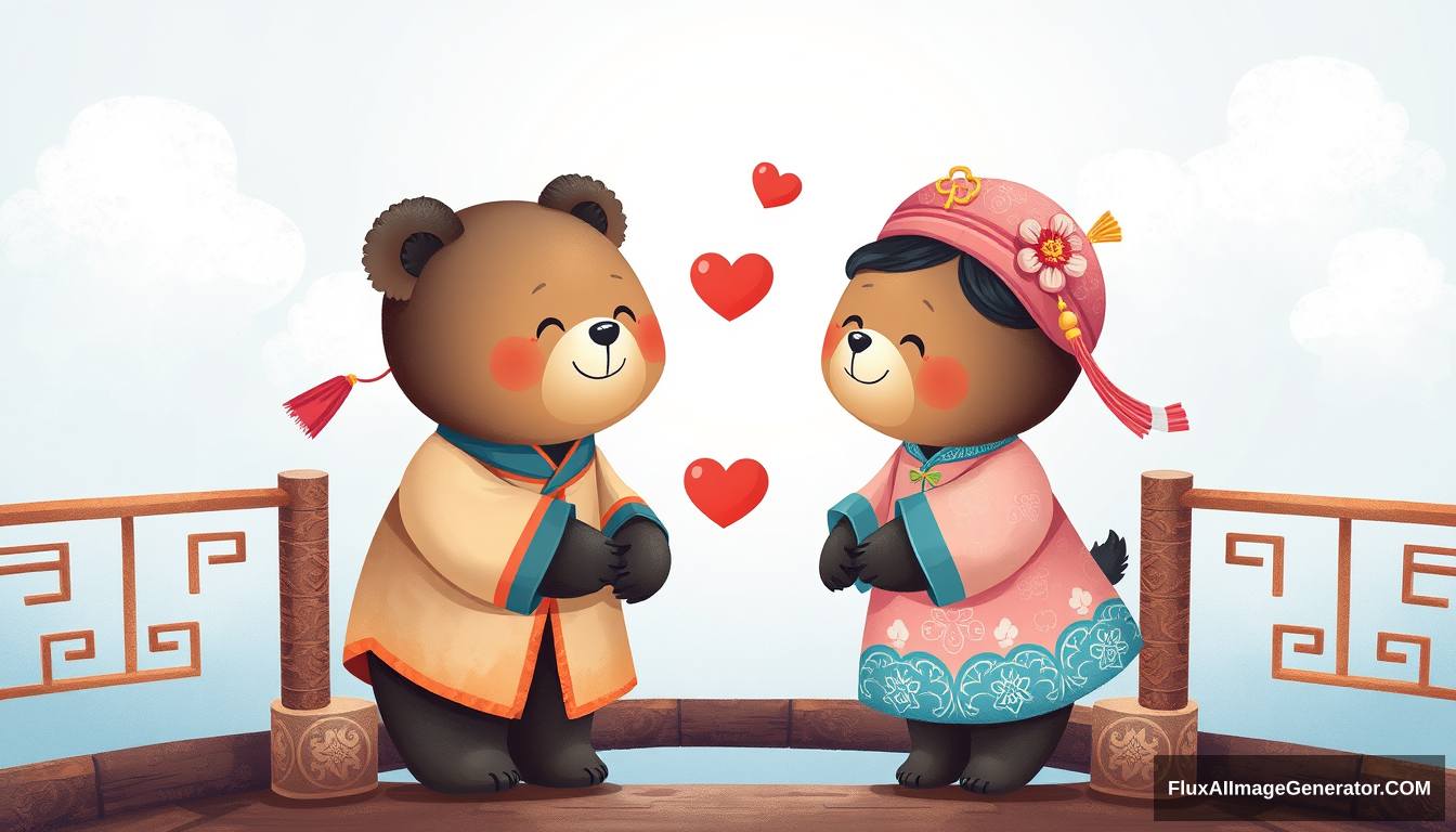 love, traditional Chinese clothing, cute small joyful male bear and female bear meeting on a bridge, clouds, traditional Chinese mythological colors, by Joey Moya, cute, in the style of minimalistic drawings, ultrafine detail, light, bright, creative commons attribution, painted illustrations, serene faces. - Image