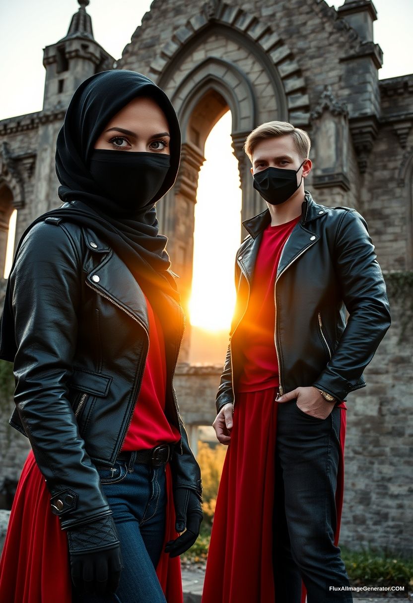 The biggest black hijab girl, beautiful eyes, black face mask, black leather jacket, the longest biggest red dress, not tall,

Jamie Dornan, handsome, black face mask, fit and tough body, red t-shirt, black leather jacket, jeans, tall man, standing at the wall together

Hyper-realistic, photorealistic, studio photography, Victoria's abandoned castle, sunrise. - Image