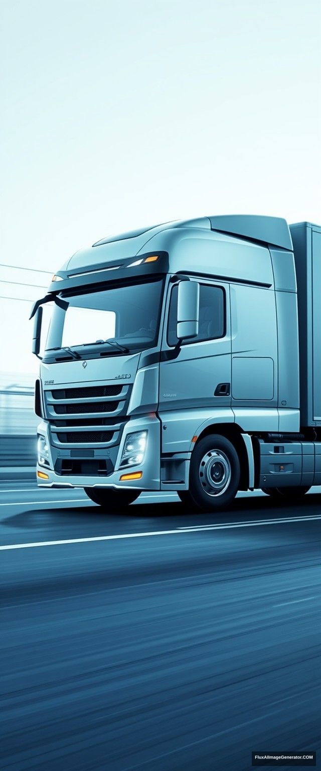 The truck has simple and dynamic lines, driving high-tech trucks, speed lines, glow, the overall picture is bright and clean, full of a sense of the future, a sense of technology, a sense of blue atmosphere.