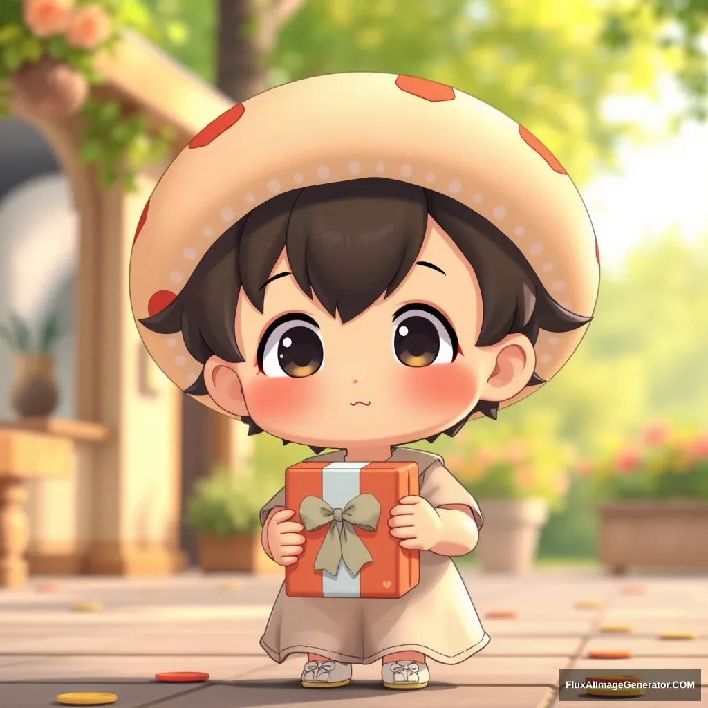 A little boy, looking very cute, with a comparatively large head, holding a snack gift box, in 3D, anime, chibi style, with a mushroom-shaped hairstyle, wearing a dress, set against a background of the beginning of summer. - Image