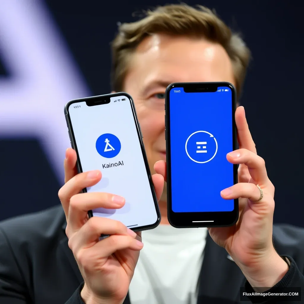 Elon Musk holds a phone and the phone screen shows the KainoAI app, the app is in blue style.