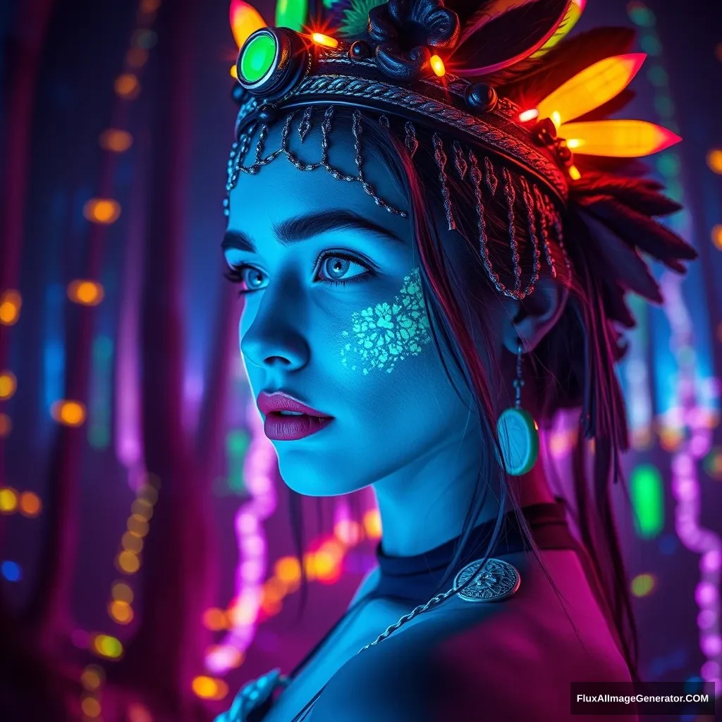 portrait | wide angle shot of eyes off to one side of frame, lucid dream-like woman, full body, looking off in distance ::8 style | daydreampunk with glowing skin and eyes, styled in headdress, beautiful, she is dripping in neon lights, very colorful blue, green, purple, bioluminescent, glowing ::8 background | forest, vivid neon wonderland, particles, blue, green, purple ::7 parameters | rule of thirds, golden ratio, asymmetric composition, hyper-maximalist, octane render, photorealism, cinematic realism, unreal engine, 8k ::7 --ar 16:9 --s 1000