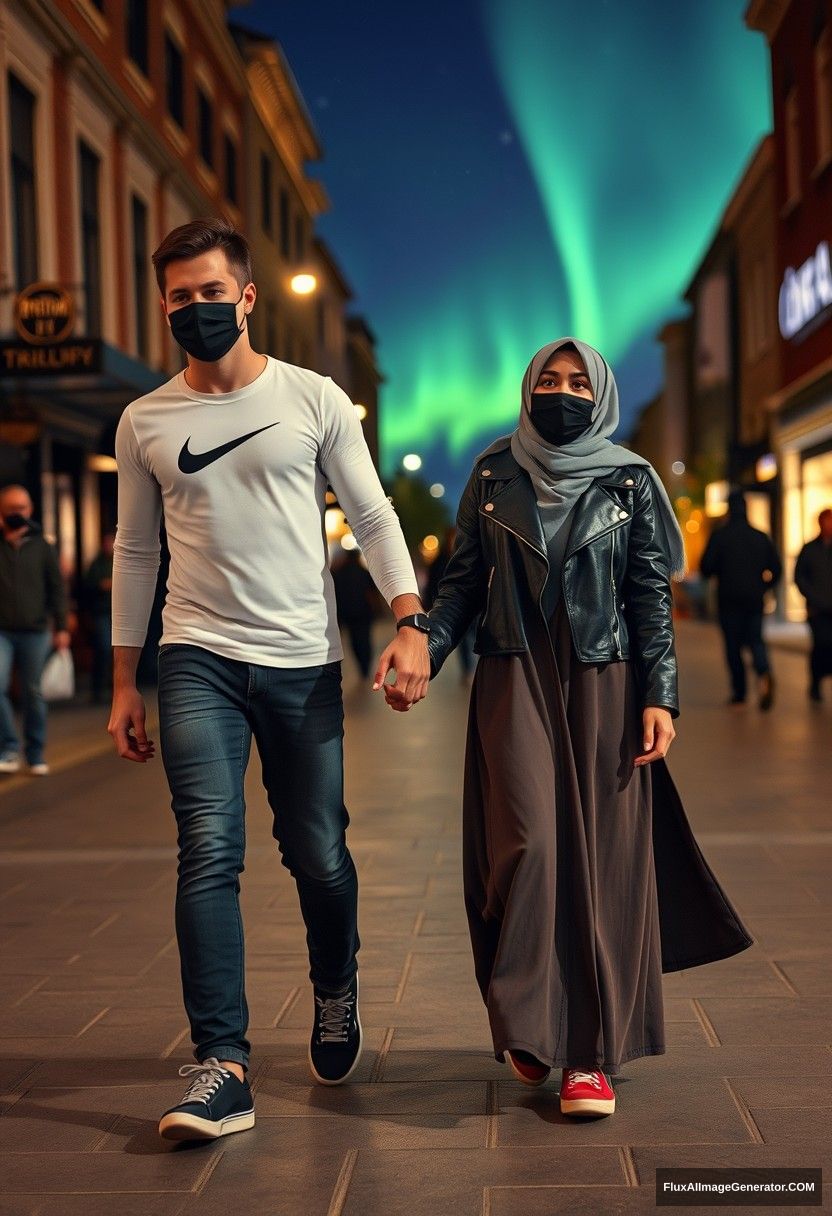 Jamie Dornan, tall, handsome, wearing a black face mask, a long sleeve white Nike t-shirt, jeans, and sneakers, is dating a beautiful Muslim girl in a grey hijab with lovely eyes. She is wearing a black face mask, a leather jacket, and an extremely long and large skirt. She is not tall and has red sneakers. They are holding hands and walking together in town. The scene is photorealistic, resembling street photography with full photography and selfie photos, set in a night scenery with an aurora.