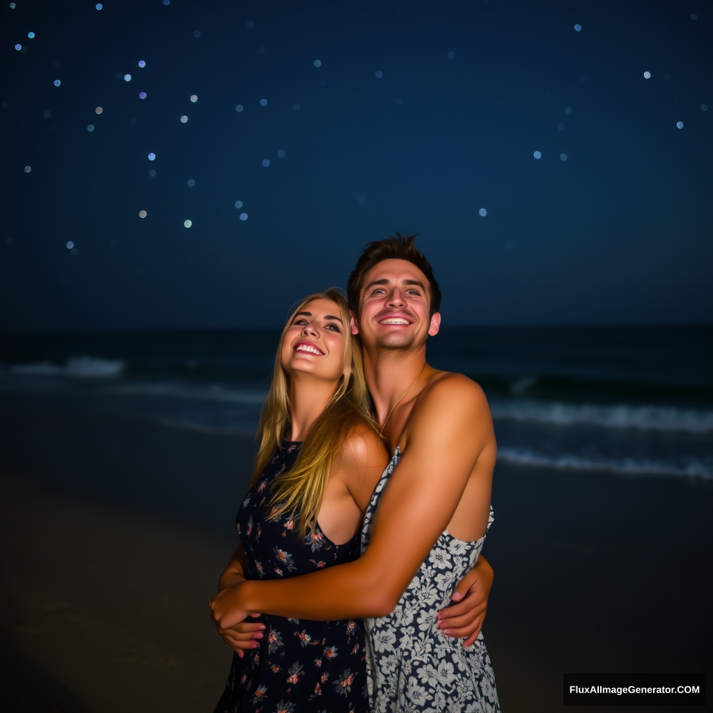 A woman with a man on the beach at nighttime looking at the stars and smiling. - Image