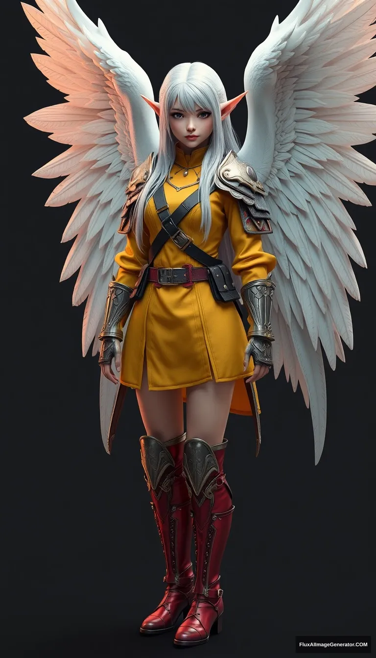 Gorgeous and elegant girl elf warrior, full body shot, platinum colored hair, yellowish military uniform, reddish military metallic boots, white angel wing, hyper-realistic photo, 8K, unreal engine. - Image