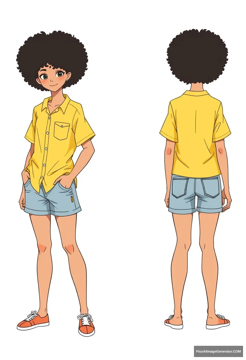 front, side and back, profile character sheet, girl in yellow shirt with jean shorts, afro hair covering eyes