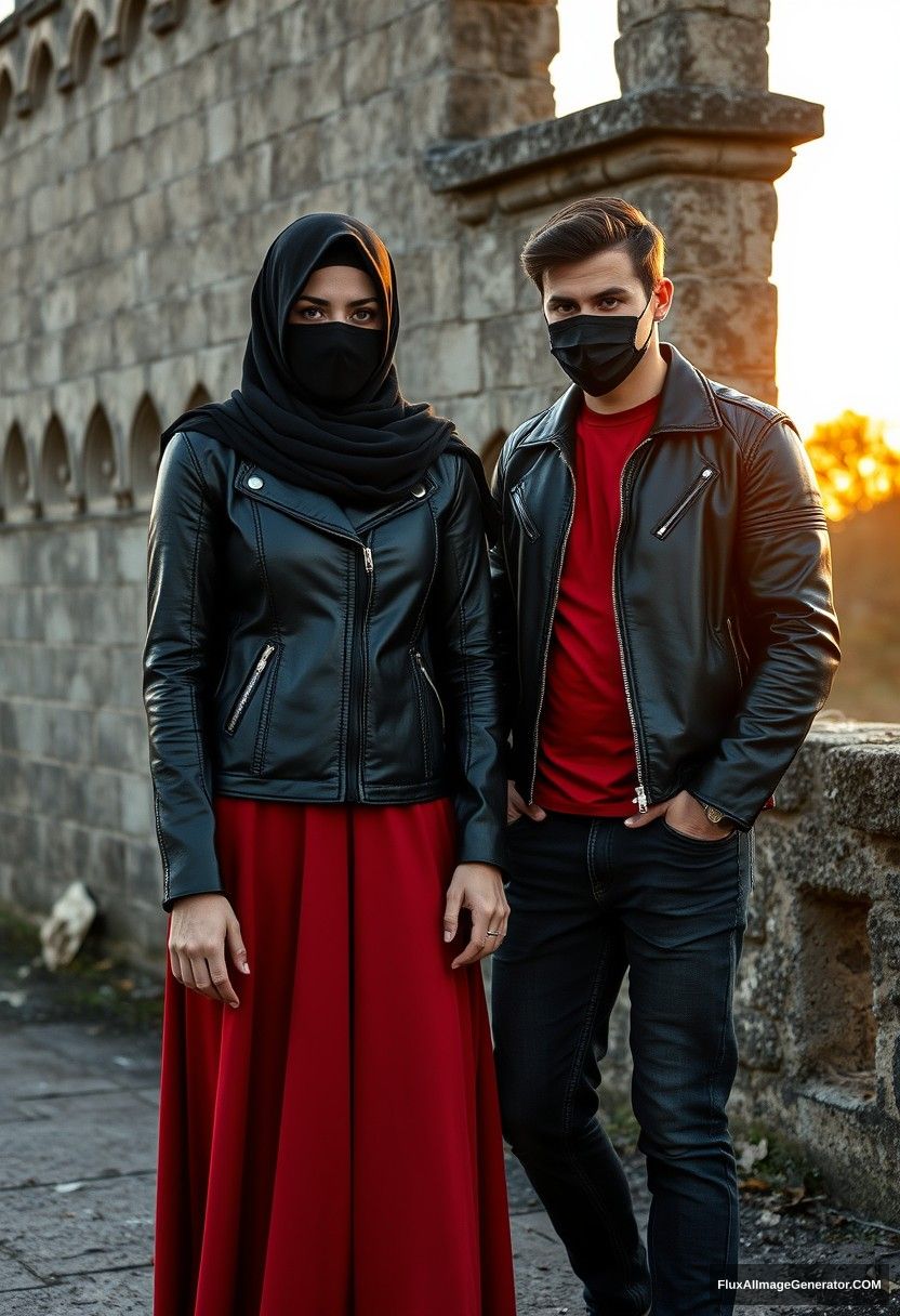 A biggest black hijab girl, beautiful eyes, face mask black, black leather jacket, biggest red longest dress, not tall,

Jamie Dornan, handsome, face mask black, fit and tough body, metal red t-shirt, black leather jacket, jeans, tall man,

standing near wall together, 
Hyper realistic, photorealistic, street photography, Victoria's abandoned castle, sunrise. - Image