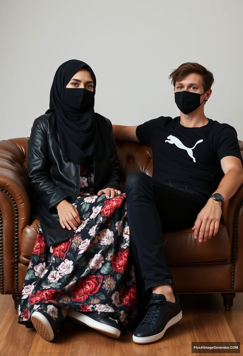 A biggest black hijab girl, slim girl, beautiful eyes, face mask black, black leather jacket, biggest floral long dress, black leather sneaker, sitting on leather single wing sofa,

Jamie Dornan, youngest, puma black T-shirt, jeans, black leather sneaker, tall man, face mask black, fit body, sitting near her,

hyper realistic, studio photography.