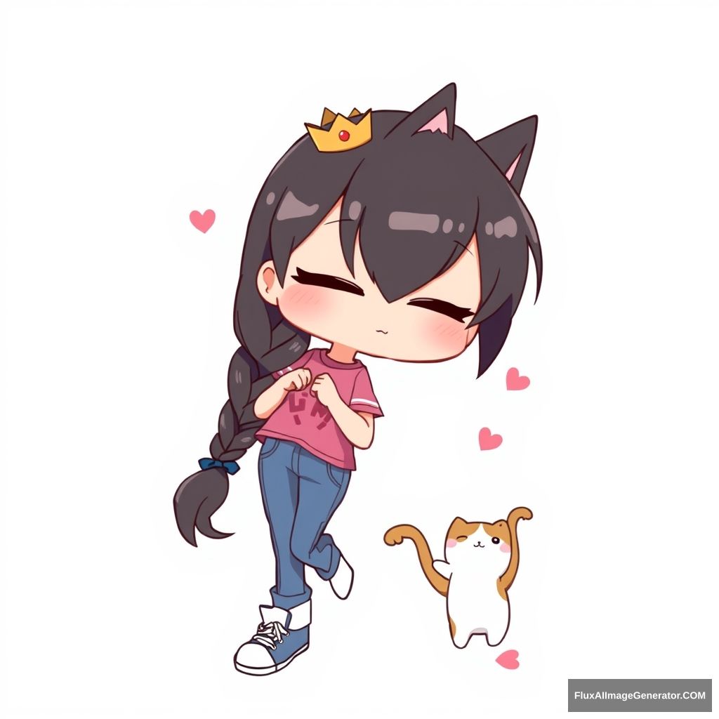 wawa, best quality, high res, masterpiece, simple background, 1 girl, braid, crown, shirt, black hair, cat, closed eyes, petals, solo, long hair, pants, t-shirt, white background, shoes, simple background, animal, chibi, child, clenched hands, denim, jeans, pout, full body, clothes writing, standing, :t, blush, sneakers. - Image