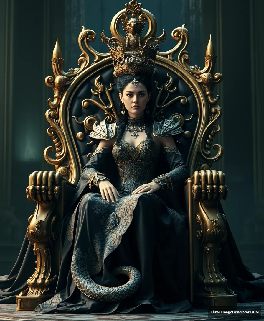 A very beautiful queen sitting on a black throne made of gold, with serpent-dragon-like elements and design, intricate details, dramatic lighting, hyperrealism, photorealistic, cinematic, 8k sharp focus, unreal engine 5 effects--niji 5, style expressive.